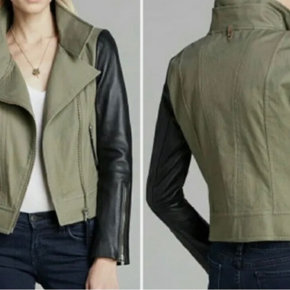 Mackage khaki moto motorcycle leather bomber jacket M biker